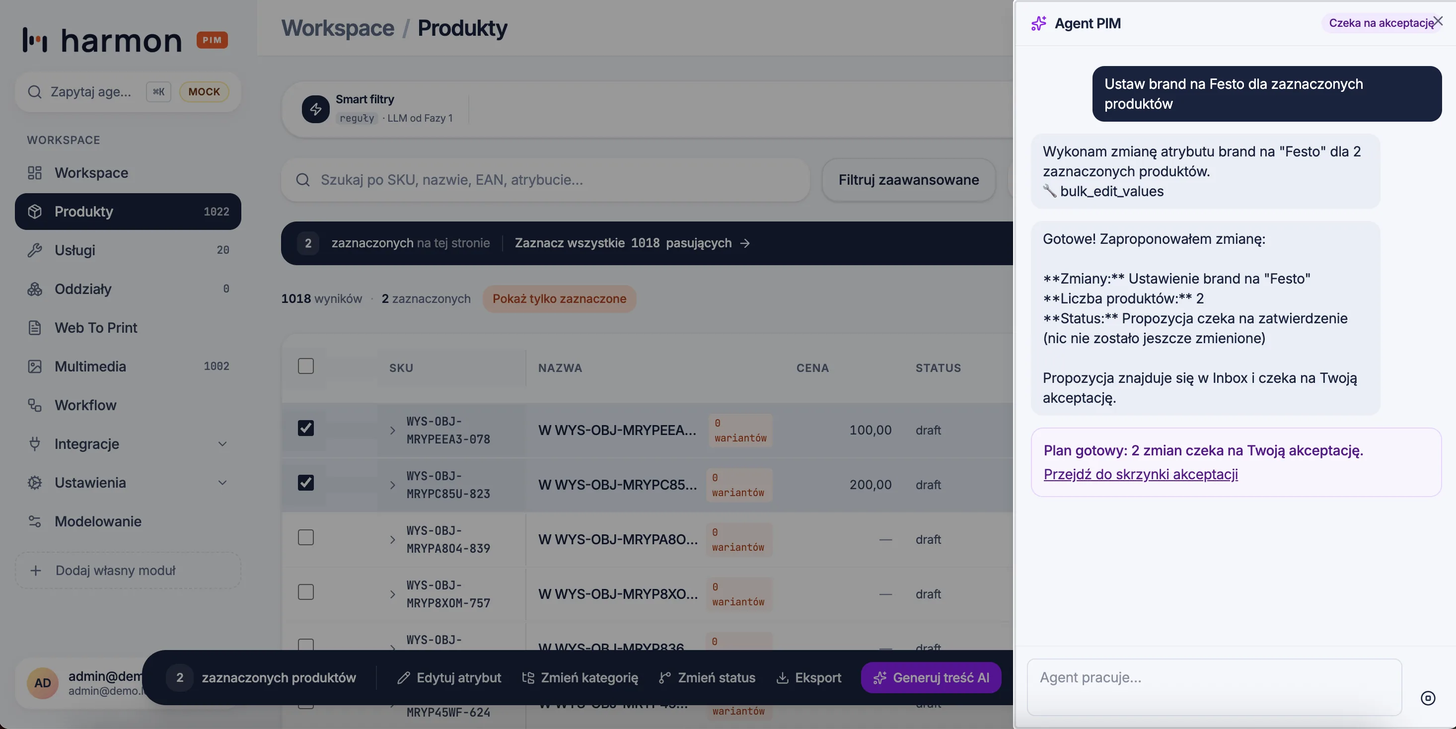 Harmon PIM - agent AI wykonuje polecenie po polsku i przygotowuje plan zmian do akceptacji