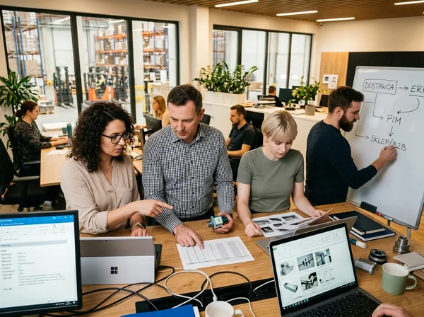 Zespół analizuje dane produktów przy stole obok tablicy ze schematem ERP, PIM i sklepu B2B