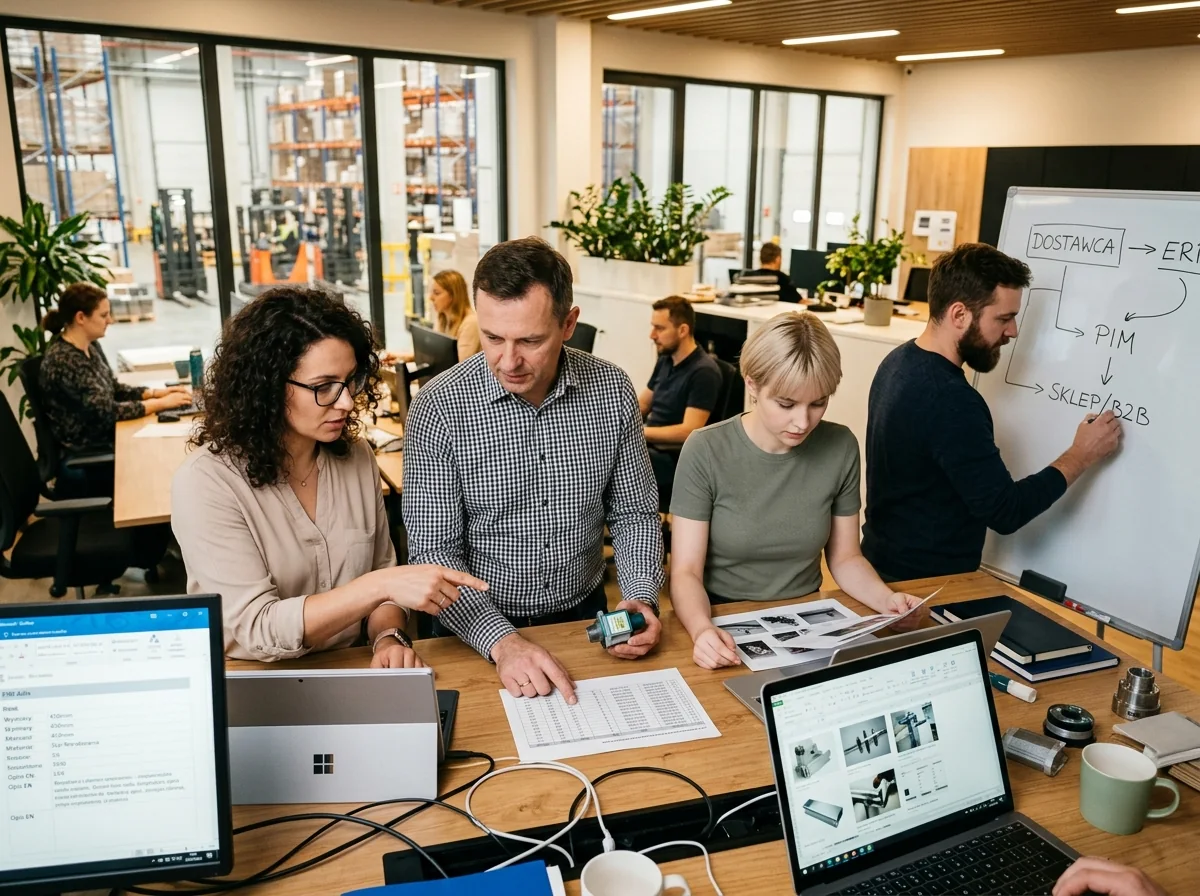 Zespół analizuje dane produktów przy stole obok tablicy ze schematem ERP, PIM i sklepu B2B